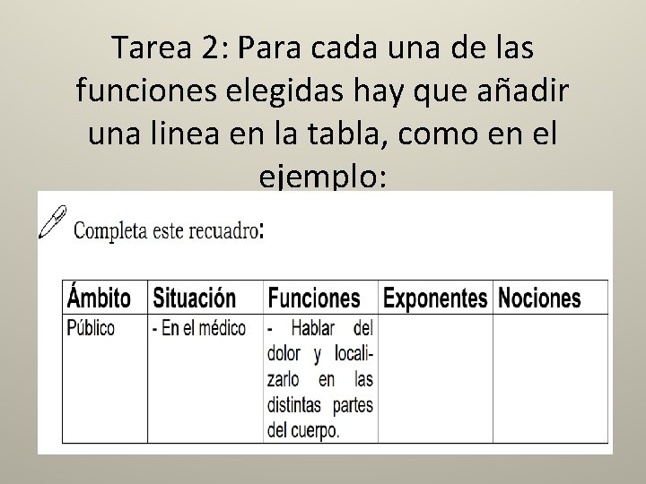 Tarea 2: Para cada una de las funciones elegidas hay que añadir una linea