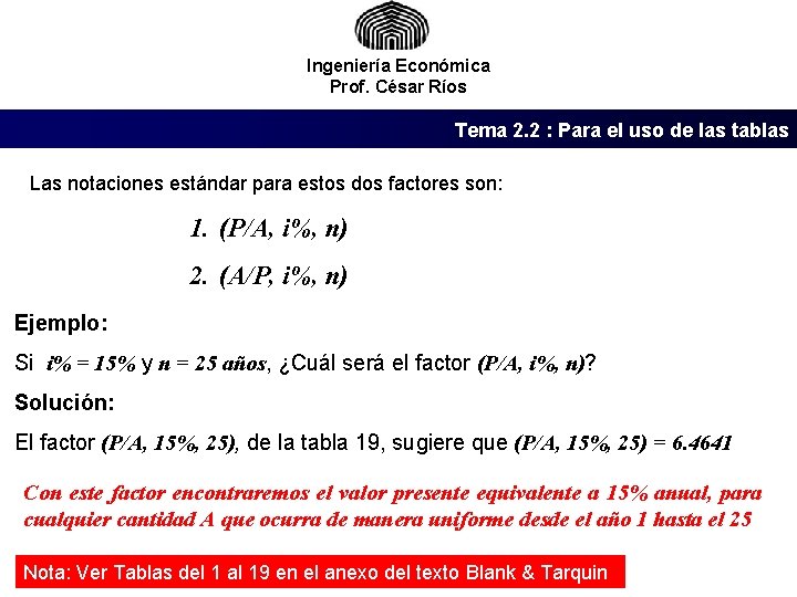 Ingeniería Económica Prof. César Ríos Tema 2. 2 : Para el uso de las