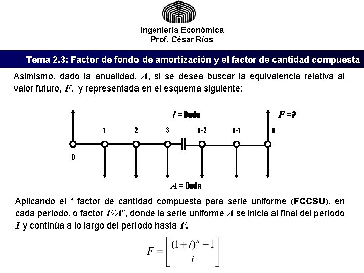 Ingeniería Económica Prof. César Ríos Tema 2. 3: Factor de fondo de amortización y