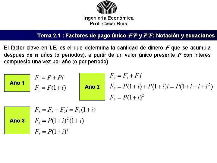 Ingeniería Económica Prof. César Ríos Tema 2. 1 : Factores de pago único F/P