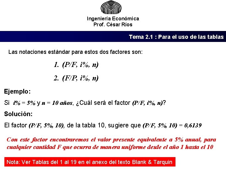 Ingeniería Económica Prof. César Ríos Tema 2. 1 : Para el uso de las