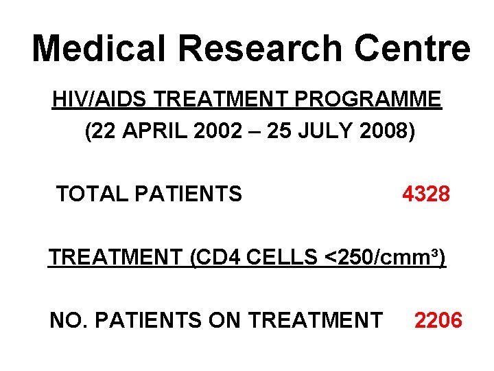 Medical Research Centre HIV/AIDS TREATMENT PROGRAMME (22 APRIL 2002 – 25 JULY 2008) TOTAL