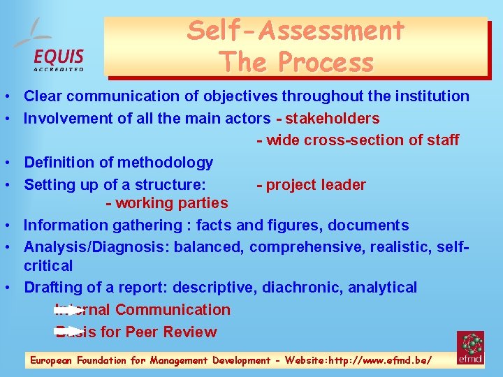 Self-Assessment The Process • Clear communication of objectives throughout the institution • Involvement of