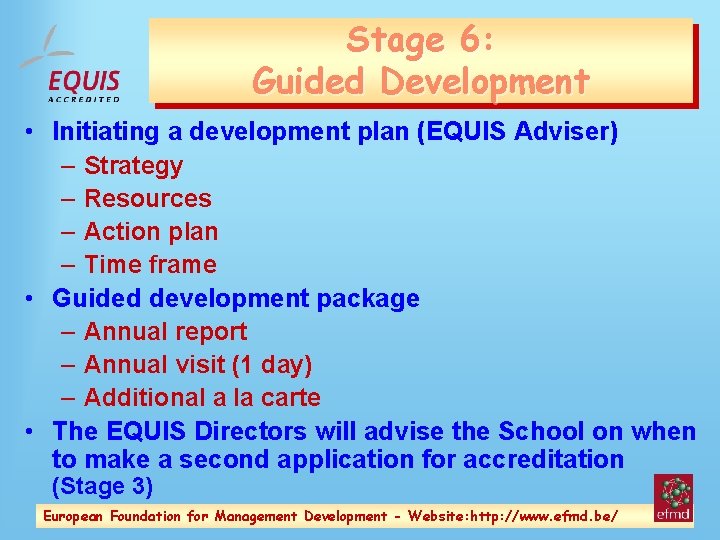 Stage 6: Guided Development • Initiating a development plan (EQUIS Adviser) – Strategy –