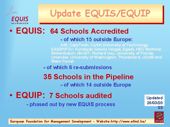 Update EQUIS/EQUIP • EQUIS: 64 Schools Accredited - of which 15 outside Europe: AIM,