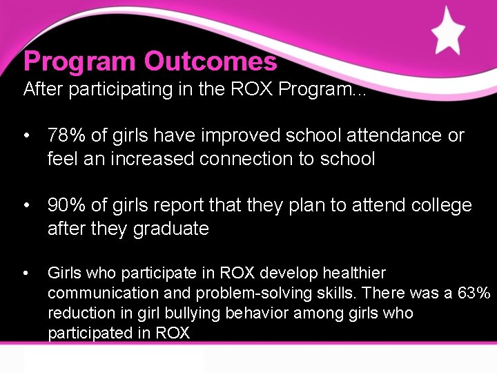 Program Outcomes After participating in the ROX Program. . . • 78% of girls