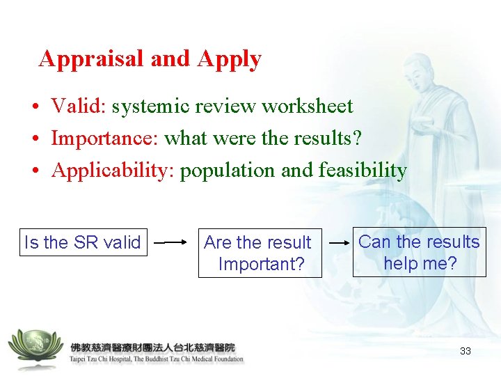 Appraisal and Apply • Valid: systemic review worksheet • Importance: what were the results?