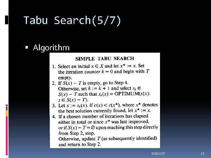 Tabu Search(5/7) Algorithm 2020/11/27 10 