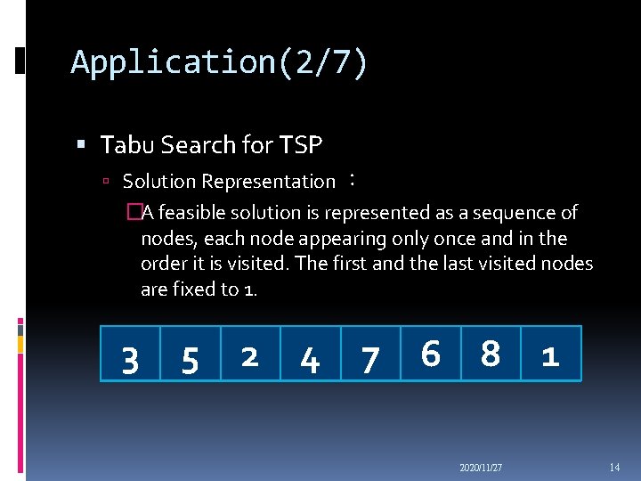 Application(2/7) Tabu Search for TSP Solution Representation ： �A feasible solution is represented as