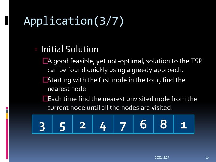 Application(3/7) Initial Solution �A good feasible, yet not-optimal, solution to the TSP can be