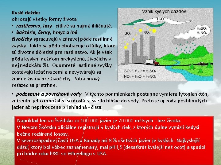 Kyslé dažde: ohrozujú všetky formy života • rastlinstvo, lesy citlivé sú najmä ihličnaté. •