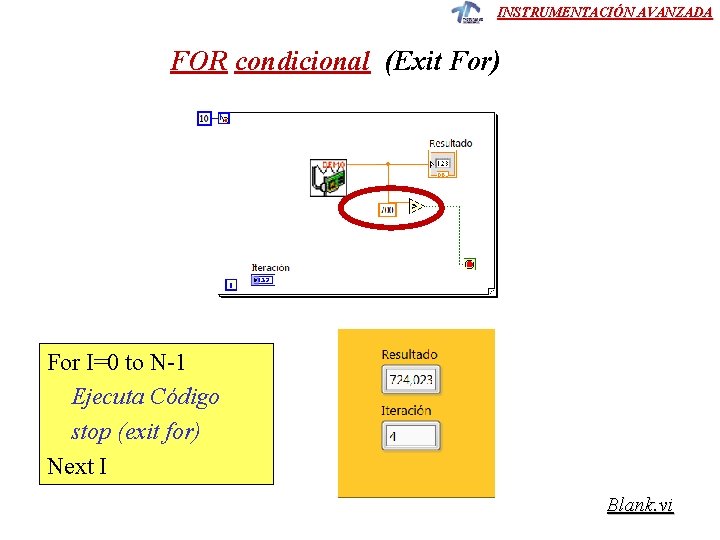 INSTRUMENTACIÓN AVANZADA FOR condicional (Exit For) For I=0 to N-1 Ejecuta Código stop (exit