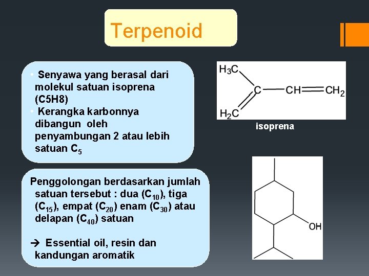 Terpenoid • Senyawa yang berasal dari molekul satuan isoprena (C 5 H 8) •