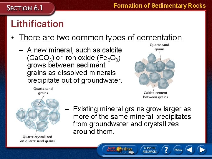 Formation of Sedimentary Rocks Lithification • There are two common types of cementation. –