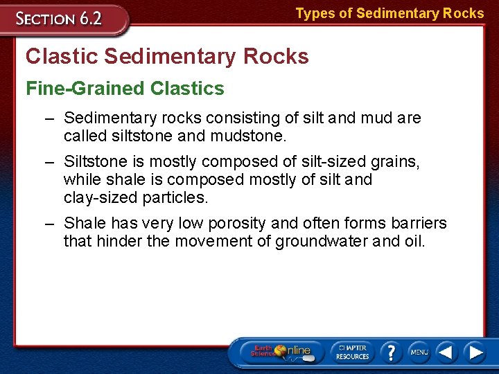 Types of Sedimentary Rocks Clastic Sedimentary Rocks Fine-Grained Clastics – Sedimentary rocks consisting of