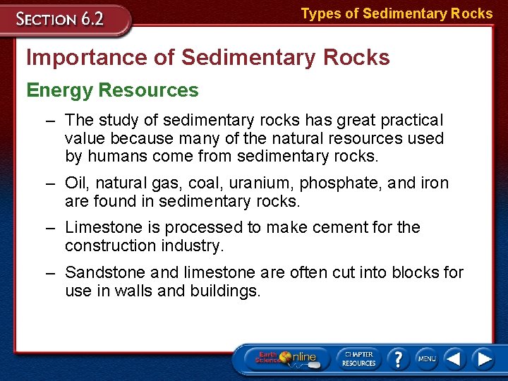 Types of Sedimentary Rocks Importance of Sedimentary Rocks Energy Resources – The study of