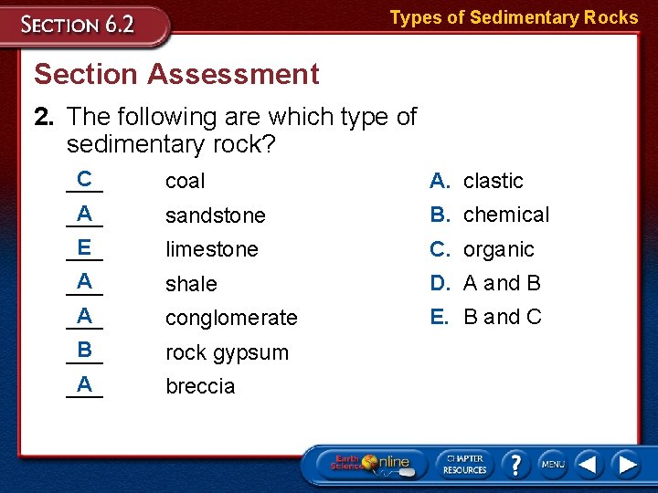 Types of Sedimentary Rocks Section Assessment 2. The following are which type of sedimentary