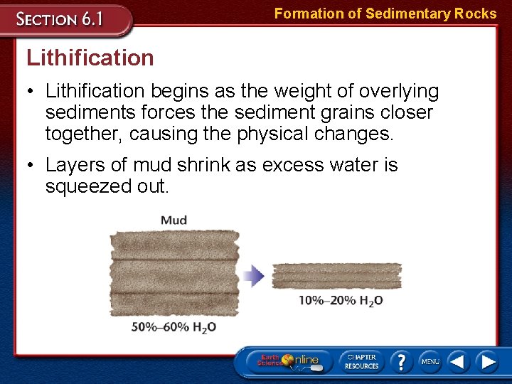 Formation of Sedimentary Rocks Lithification • Lithification begins as the weight of overlying sediments