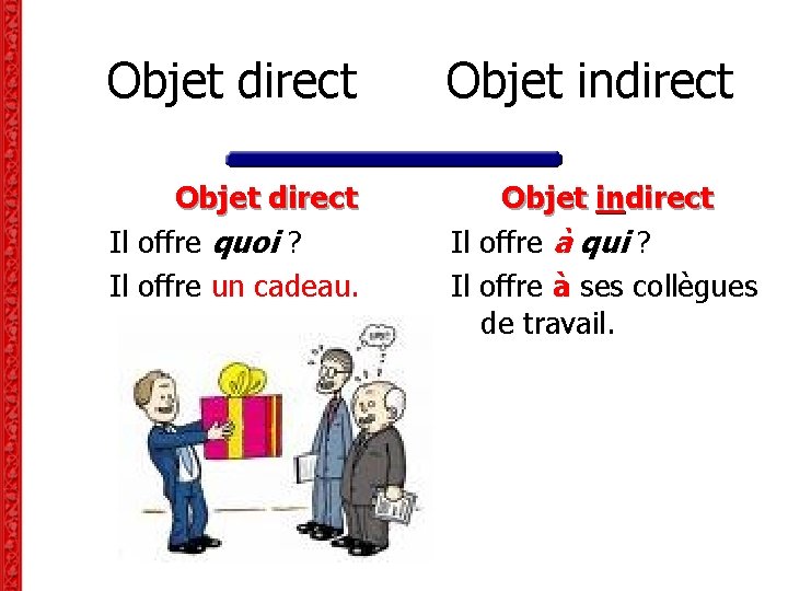 Objet direct Objet indirect Objet direct Il offre quoi ? Il offre un cadeau. Objet direct Objet indirect Objet direct Il offre quoi ? Il offre un cadeau.
