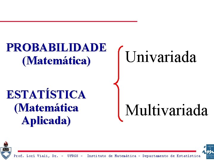 PROBABILIDADE (Matemática) Univariada ESTATÍSTICA (Matemática Aplicada) Multivariada Prof. Lorí Viali, Dr. – UFRGS –