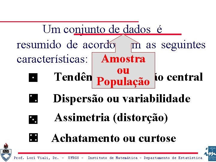 Um conjunto de dados é resumido de acordo com as seguintes características: Amostra ou