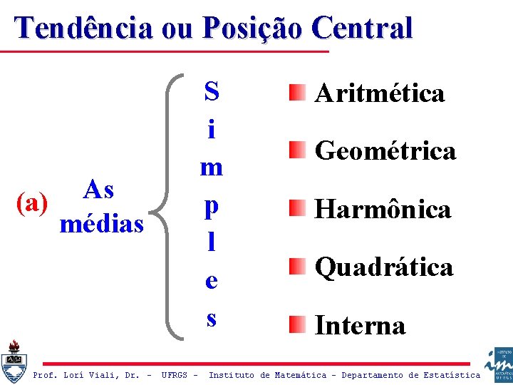 Tendência ou Posição Central S i m p l e s As (a) médias