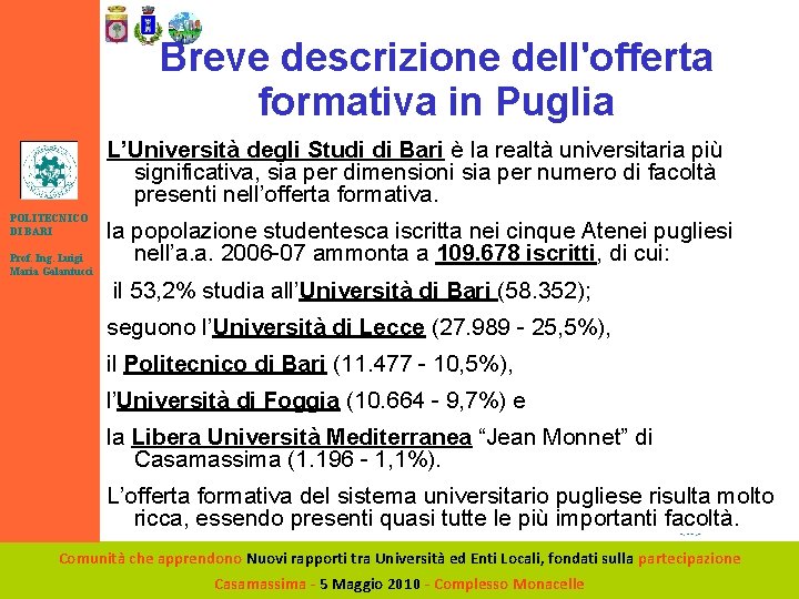 Breve descrizione dell'offerta formativa in Puglia Logo Università POLITECNICO DI BARI Prof. Ing. Luigi