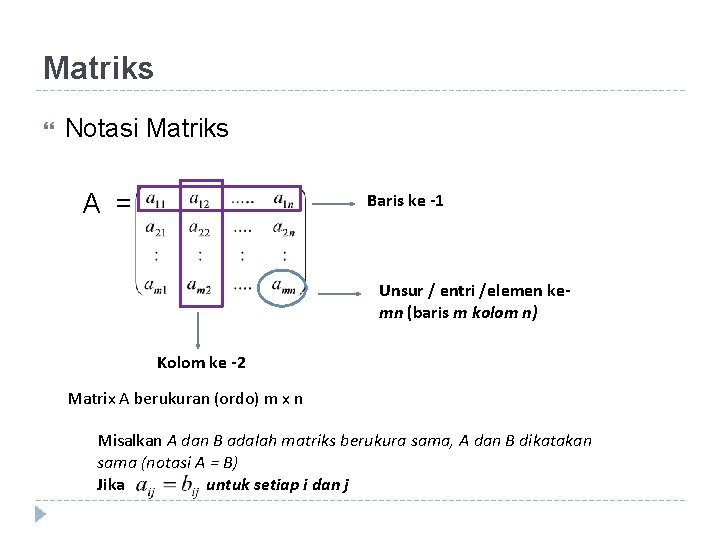 Matriks Notasi Matriks A = Baris ke -1 Unsur / entri /elemen kemn (baris