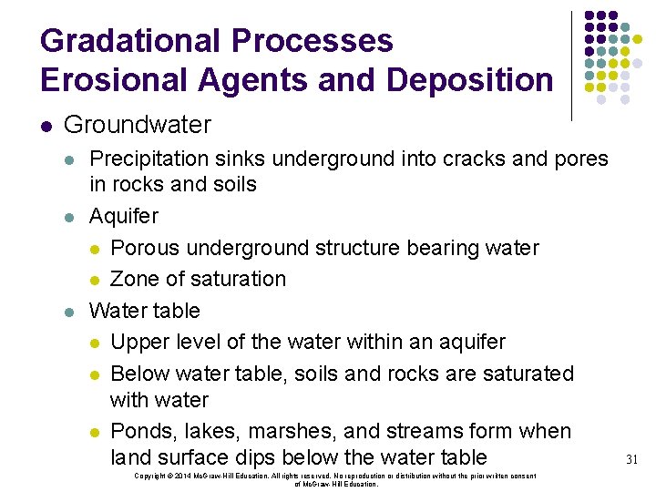 Gradational Processes Erosional Agents and Deposition l Groundwater l l l Precipitation sinks underground