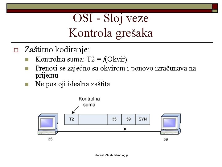 OSI - Sloj veze Kontrola grešaka o Zaštitno kodiranje: n n n Kontrolna suma: