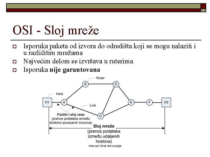 OSI - Sloj mreže o o o Isporuka paketa od izvora do odredišta koji