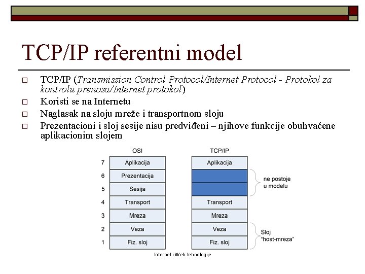 TCP/IP referentni model o o TCP/IP (Transmission Control Protocol/Internet Protocol - Protokol za kontrolu