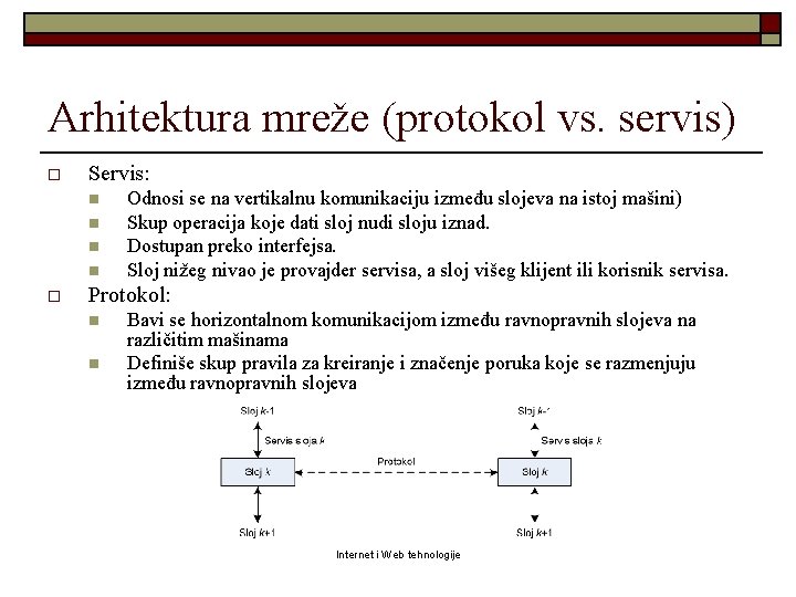 Arhitektura mreže (protokol vs. servis) o Servis: n n o Odnosi se na vertikalnu