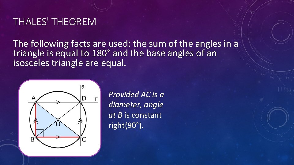 THALES' THEOREM The following facts are used: the sum of the angles in a
