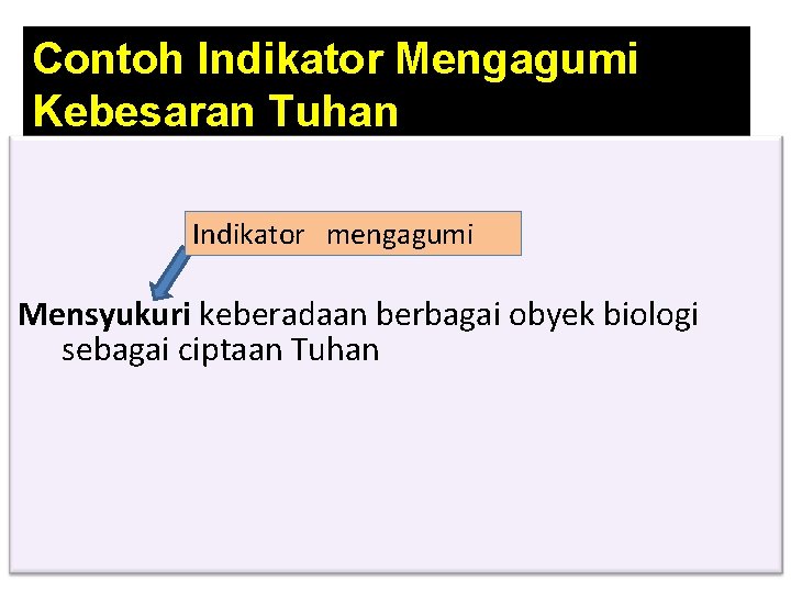 Contoh Indikator Mengagumi Kebesaran Tuhan Indikator mengagumi Mensyukuri keberadaan berbagai obyek biologi sebagai ciptaan