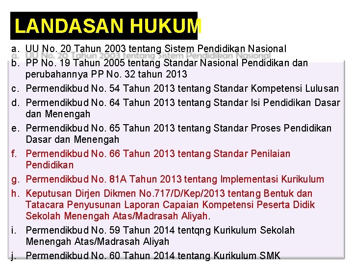 LANDASAN HUKUM a. UU No. 20 Tahun 2003 tentang Sistem Pendidikan Nasional b. PP