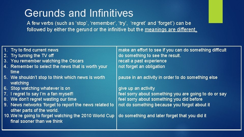 Gerunds and Infinitives A few verbs (such as ‘stop’, ‘remember’, ‘try’, ‘regret’ and ‘forget’)