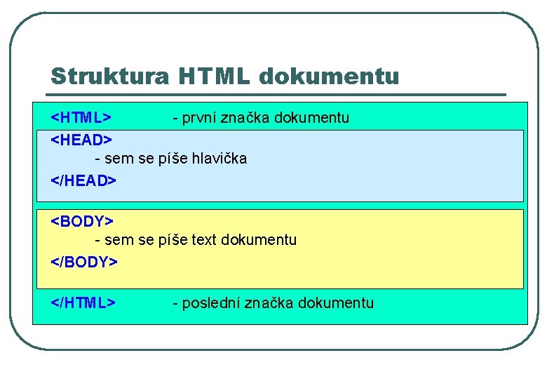 Struktura HTML dokumentu <HTML> - první značka dokumentu <HEAD> - sem se píše hlavička