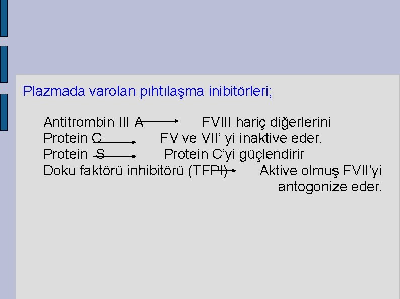 Plazmada varolan pıhtılaşma inibitörleri; Antitrombin III A FVIII hariç diğerlerini Protein C FV ve