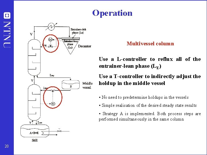 Operation Multivessel column Use a L-controller to reflux all of the entrainer-lean phase (LE)