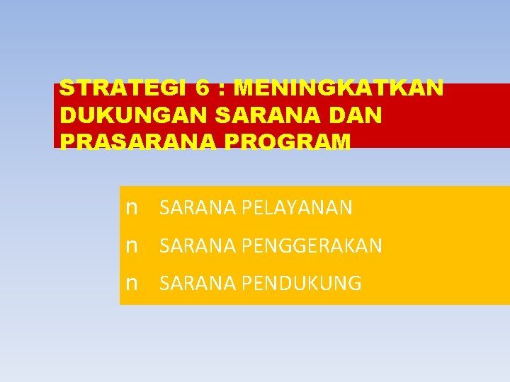 STRATEGI 6 : MENINGKATKAN DUKUNGAN SARANA DAN PRASARANA PROGRAM n SARANA PELAYANAN n SARANA
