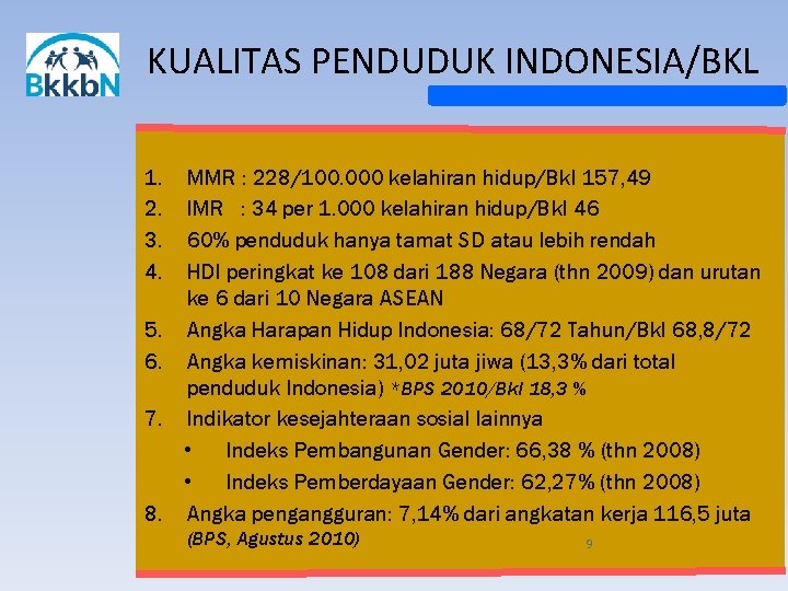 KUALITAS PENDUDUK INDONESIA/BKL 1. 2. 3. 4. 5. 6. 7. 8. MMR : 228/100.