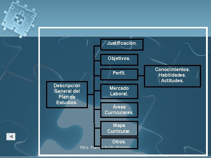 Justificación. Objetivos. Perfil. Descripción General del Plan de Estudios. Mercado Laboral. Áreas Curriculares. Mapa