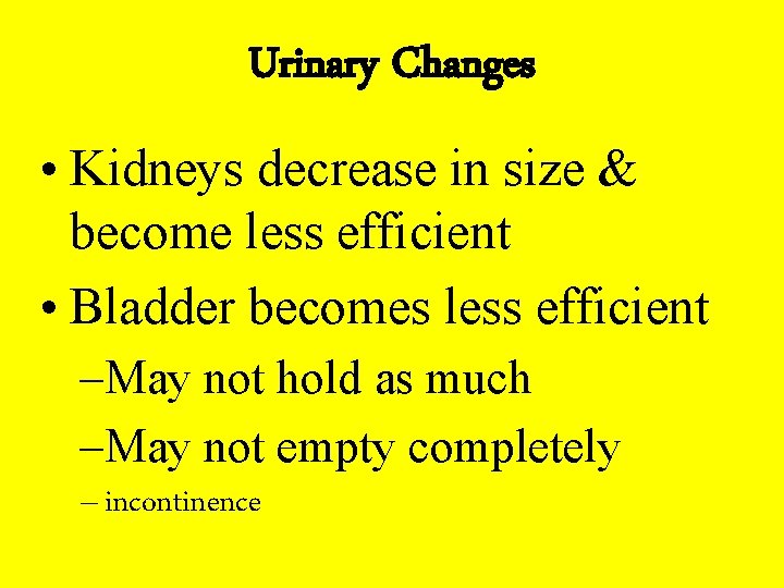 Urinary Changes • Kidneys decrease in size & become less efficient • Bladder becomes