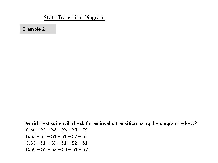 State Transition Diagram Example 2 Which test suite will check for an invalid transition