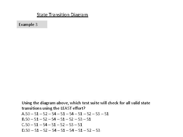 State Transition Diagram Example 3 Using the diagram above, which test suite will check