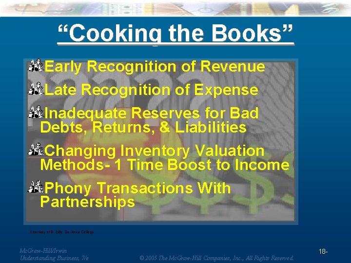“Cooking the Books” Early Recognition of Revenue Late Recognition of Expense Inadequate Reserves for