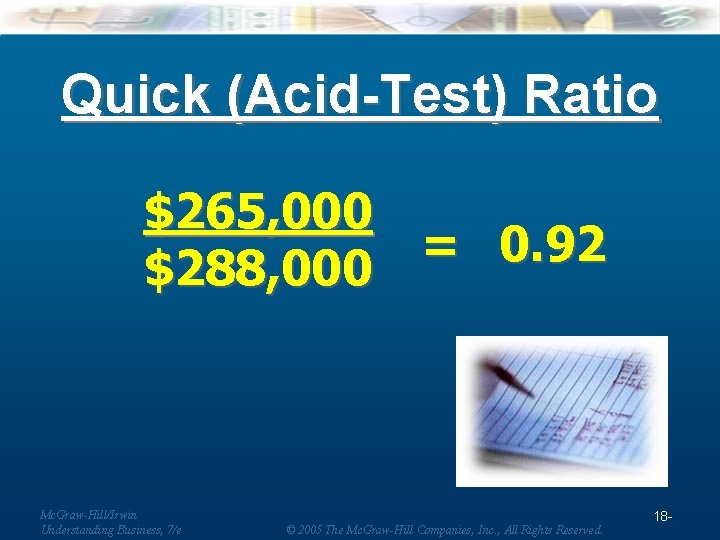 Quick (Acid-Test) Ratio $265, 000 = 0. 92 $288, 000 Mc. Graw-Hill/Irwin Understanding Business,