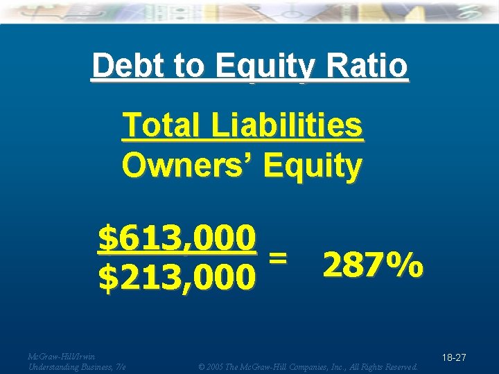 Debt to Equity Ratio Total Liabilities Owners’ Equity $613, 000 = 287% $213, 000