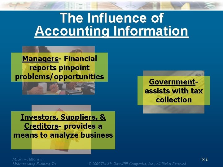 The Influence of Accounting Information Managers- Financial reports pinpoint problems/opportunities Governmentassists with tax collection